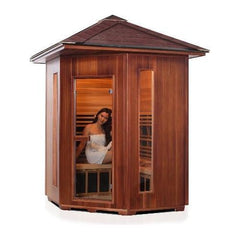 4 Person Corner Rustic Canadian Cedar Sauna Outdoor Peak by Enlighten Infrared Saunas