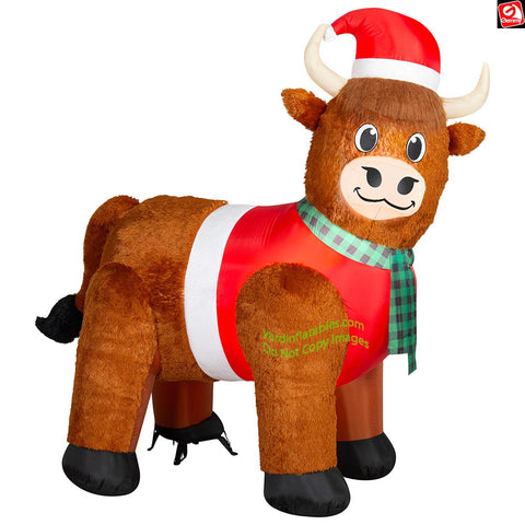 6.5' Gemmy Airblown Inflatable Christmas Mixed Media Fuzzy Highland Cow w/ Santa Hat