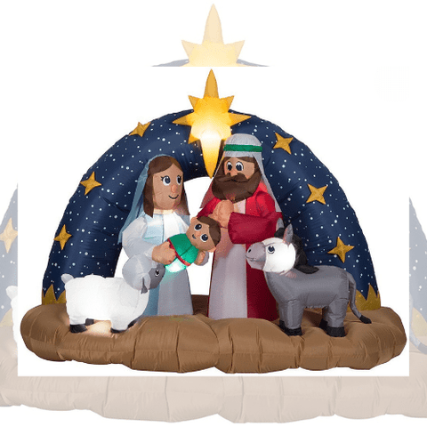 Gemmy Inflatables Christmas Inflatables 6 1/2' Christmas Snowy Stary Night Nativity Scene With Mary, Joseph, Baby Jesus, A Donkey, & A Sheep by Gemmy Inflatable 118905 6 1/2' Gemmy Christmas Snowy Stary Night Nativity Scene Donkey & Sheep