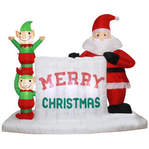 Gemmy Inflatables Christmas Inflatables 6' Santa and 2 Elves Standing next to Merry Christmas Sign by Gemmy Inflatables INF-516755-51675 6' Santa and 2 Elves Standing next to Merry Christmas Sign by Gemmy Inflatables SKU# INF-516755-51675