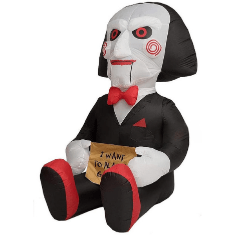 Gemmy Inflatables Christmas Inflatables 7' Halloween Jigsaw Billy Holding "I Want To Play A Game" Sign by Gemmy Inflatables 10 1/2'  Inflatable Santa Claus Bowling Scene  by Gemmy Inflatables