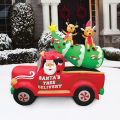 8' Santa's Christmas Tree Delivery Truck w/ Reindeer by Gemmy Inflatables
