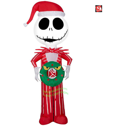 Gemmy Inflatables Inflatable Party Decorations 4' Nightmare Before Christmas Jack Skellington in Red Pajamas w/ Christmas Wreath by Gemmy Inflatables 781880218906 881013 4' Jack Skellington Red Pajamas w/ Christmas Wreath Gemmy Inflatables