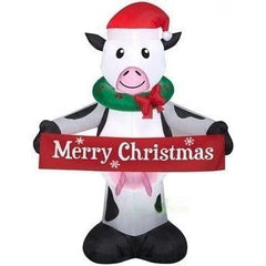 Gemmy Inflatables Inflatable Party Decorations 6 1/2' Christmas Cow w/ Merry Christmas Sign by Gemmy Inflatables 6' Santa 2 Elves Standing Merry Christmas Sign by Gemmy Inflatables