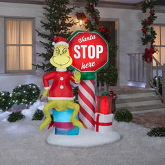 6' Christmas Grinch and Santa Stop Here Sign Scene by Gemmy Inflatables
