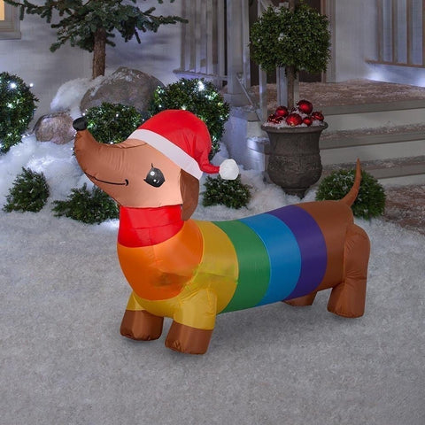 Gemmy Inflatables Inflatable Party Decorations 6' Dachshund Weiner Dog Wearing Rainbow Sweater by Gemmy Inflatables 4' Christmas Wiener Dog Dachshund Wearing  Santa Hat Gemmy Inflatables