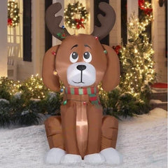 6' Dog In Festive Moose Antlers Wrapped In Light String by Gemmy Inflatable