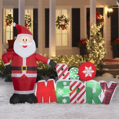 8' Santa w/ Be Merry Christmas Sign by Gemmy Inflatables