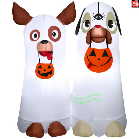 5' Gemmy Airblown Inflatable Halloween Ghost Dog Duo w/ Treat Bag Scene