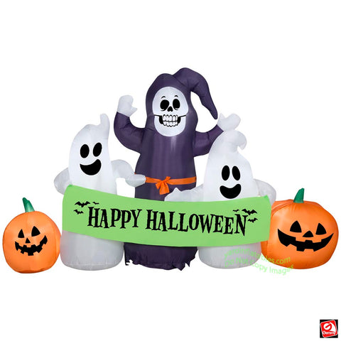 7.5' Gemmy Airblown Inflatable Halloween Ghost and Pumpkin Scene w/ Banner