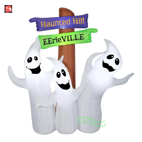 6' Gemmy Airblown Inflatable Halloween Ghost Trio w/ Signpost