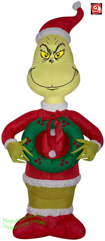 4' Gemmy Airblown Inflatable Grinch Dressed As Santa Holding A Christmas Wreath