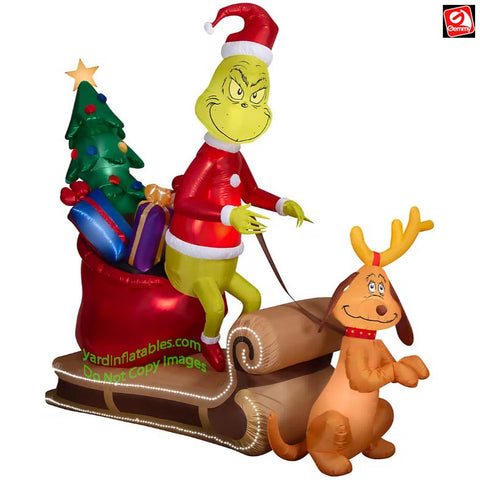 10' Gemmy Animated Airblown Inflatable Dr. Seuss Micro LED Luxe Grinch on Sleigh w/ Max