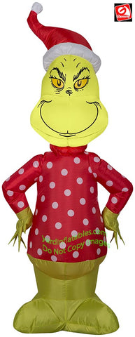 4' Gemmy Airblown Inflatable Christmas Grinch In Red Polka Dot Sweater