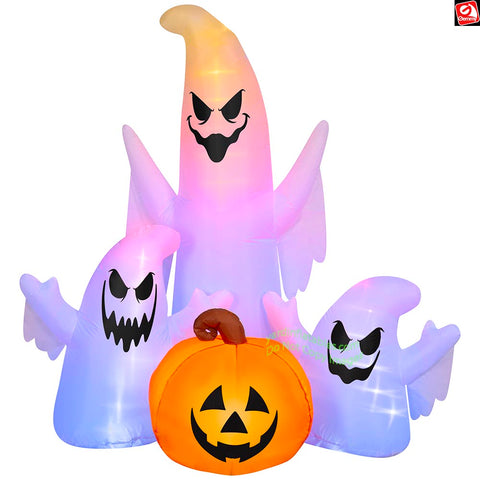 5' Gemmy Airblown Inflatable Ghost Trio and Pumpkin Scene w/ Rainbow Wave Lights