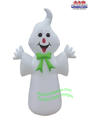 7 1/2' Air Blown Inflatable Happy Friendly Ghost w/ Green Bow Tie
