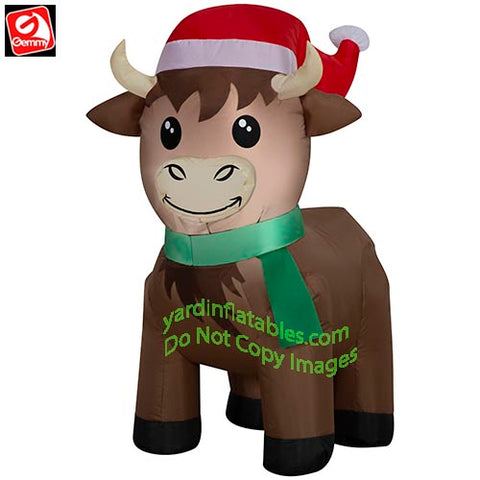 3.5' Gemmy Airblown Inflatable Highland Cow w/ Santa Hat & Green Scarf