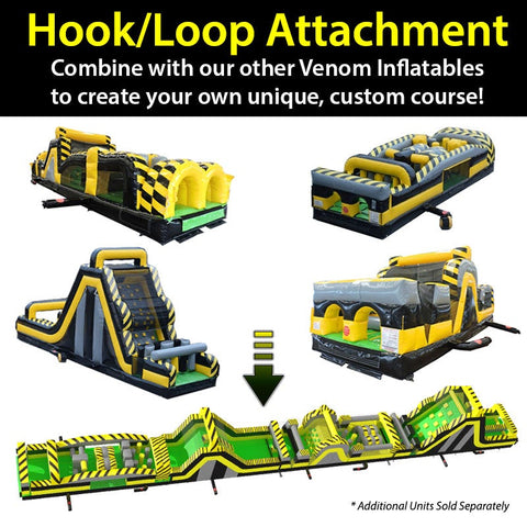 Venom inflatable obstacle course rental setup showing multiple connected slides and tunnels for custom layouts
