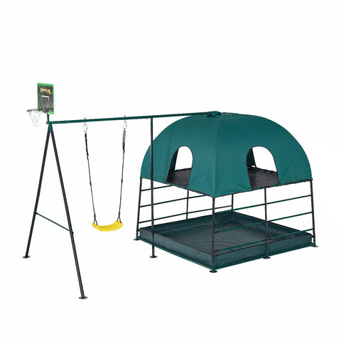 JumpKing Kids Climbing Den & Outdoor Playset — Two-Level Play Structure with Swing, Basketball Hoop, Fireman’s Pole & Ball Pit Area | Indoor & Outdoor Active Play Gym for Ages 6+