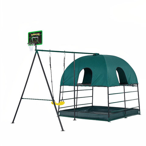 JumpKing Kids Climbing Den & Outdoor Playset — Two-Level Play Structure with Swing, Basketball Hoop, Fireman’s Pole & Ball Pit Area | Indoor & Outdoor Active Play Gym for Ages 6+
