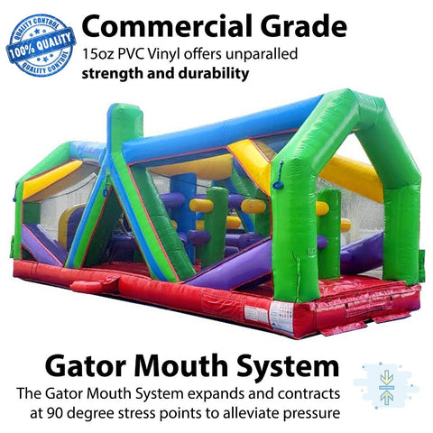 Side view of 30' Retro Radical Run Extreme inflatable obstacle course rental with vibrant green frame