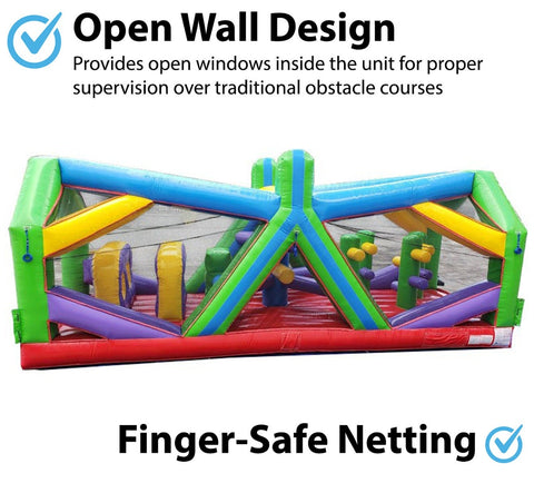 Colorful inflatable obstacle course featuring open wall design and finger-safe netting for visibility and safety