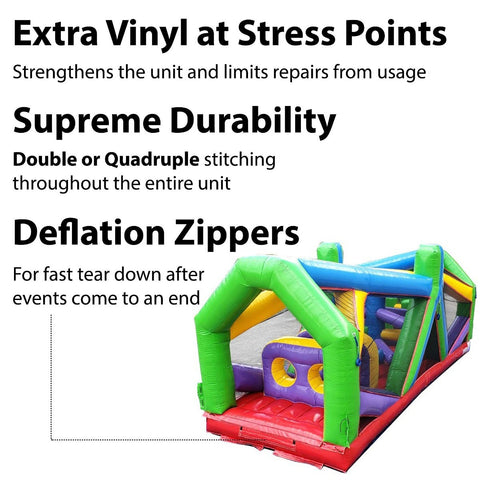 Inflatable obstacle course rental built with reinforced vinyl and deflation zippers for easy setup and teardown