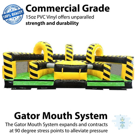 Commercial-grade Venom U-Turn inflatable obstacle course rental built with durable 15oz PVC vinyl and Gator Mouth System