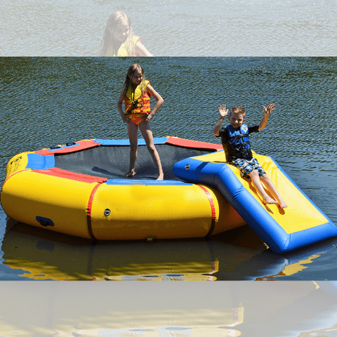 Island Hopper Water Trampoline 10 foot Bounce N Splash Water Park – 10 ft Water Bouncer + Bouncer Slide by Island Hopper 0898698001788 10BSplash-WP - 10'BNS-WP 10 foot Bounce N Splash  Water Park –10 ft Water Bouncer+Bouncer Slide