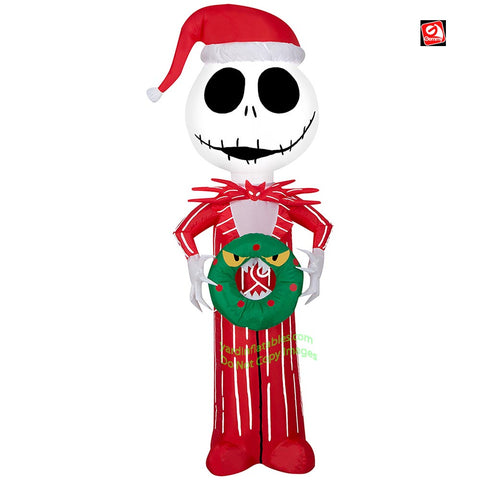 4' Gemmy Airblown  Jack Skellington in Red Pajamas w/ Christmas Wreath