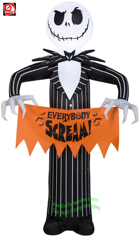 5' Gemmy Airblown Inflatable Jack Skellington Holding "Everybody Scream" Banner