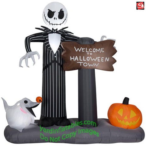 6' Gemmy Airblown Inflatable Jack Skellington & Zero "Welcome To Halloween Town" Sign