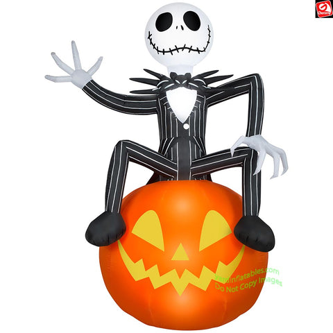 9.5' Gemmy Airblown Inflatable Halloween Jack Skellington Sitting On Jack O' Lantern