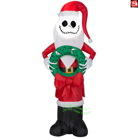 4' Gemmy Airblown Jack Skellington In Santa Outfit w/ Wreath