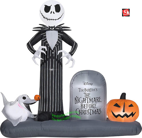 6.5' Gemmy Airblown Jack Skellington Tombstone Scene w/ Zero