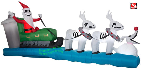 11.5' Gemmy Airblown Inflatable Nightmare Before Christmas Jack Skellington In Sleigh w/ Ghost Reindeer