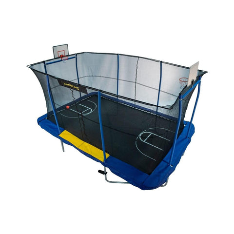 Jumpking 10' x 15' Rectangular Trampoline with 2 Basketball Hoops, Volleyball Net, Court Print and Foot Step