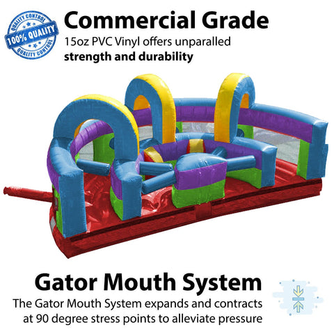 Commercial-grade inflatable obstacle course rental built with 15oz PVC vinyl and reinforced Gator Mouth System
