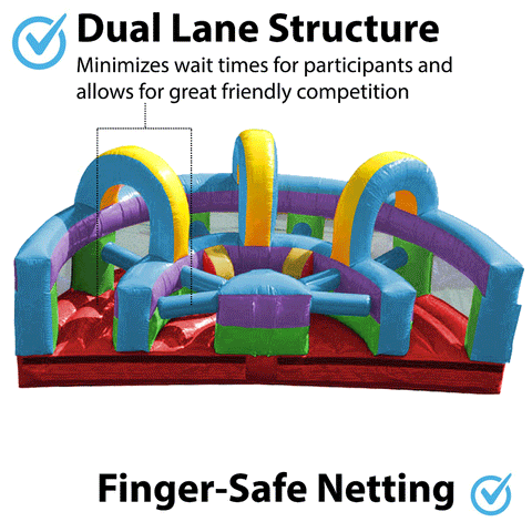 Retro Rainbow U-Turn inflatable obstacle course with dual lanes and finger-safe netting for safe, fun competition