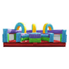 Image of Front view of Retro Rainbow U-Turn inflatable obstacle course showing colorful arches and center turning section