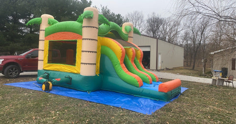 Kids Tropical Bounce House and Double Lane Slide Combo with Blower