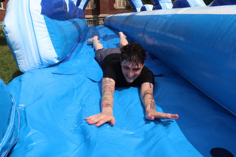 35' Blue Marble Dual Lane Inflatable Splash and Ride Waterslide with Blower