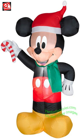 3 1/2' Gemmy Airblown Inflatable Mickey Wearing Santa Hat Holding Candy Cane