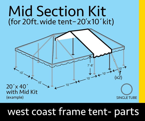 20' x 10' Single Tube Sectional West Coast Frame Tent Top Mid Section Kit