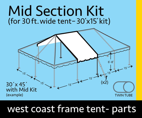 30' x 15' Twin Tube West Coast Frame Tent Top Mid Section Kit