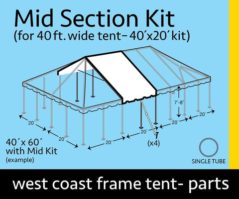 40' x 20' Single Tube West Coast Frame Tent Top Mid Section Kit