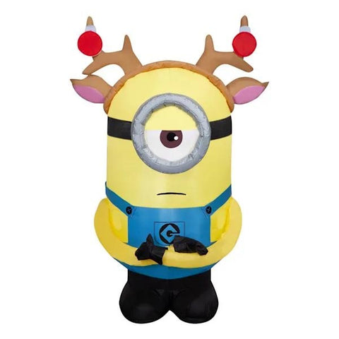 3.5' Gemmy Airblown Inflatable Christmas Minions Stuart w/ Reindeer Antlers