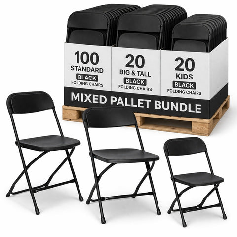 Black Folding Chairs Mixed Pallet Bundle - Standard, Big & Tall, Kids