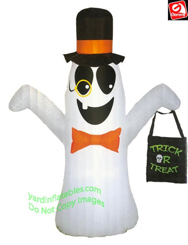 7' Gemmy Airblown Inflatable Ghost w/ Monocle Holding A Treat Bag