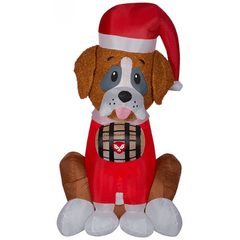 6' Mixed Media St. Bernard Dog w/ Barrel Wearing A Santa Hat SKU:  115013